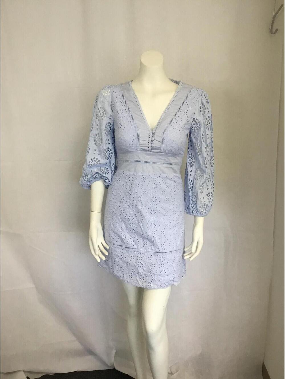 [351] Banana Republic Dress 2 Blue Lace V Neck 3/4 Sleeve Mini Lined Party